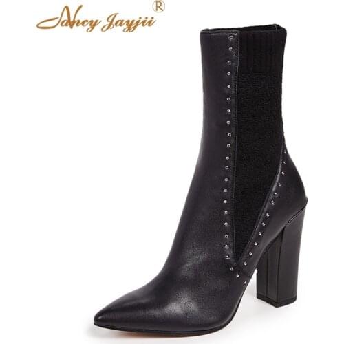 Echo Woman Ankle Boots Rivets Black Stretch Fabric Ladies Shoes 2021 Autumn Winter Dress Party Block Chunky Heels Big Size 45 42