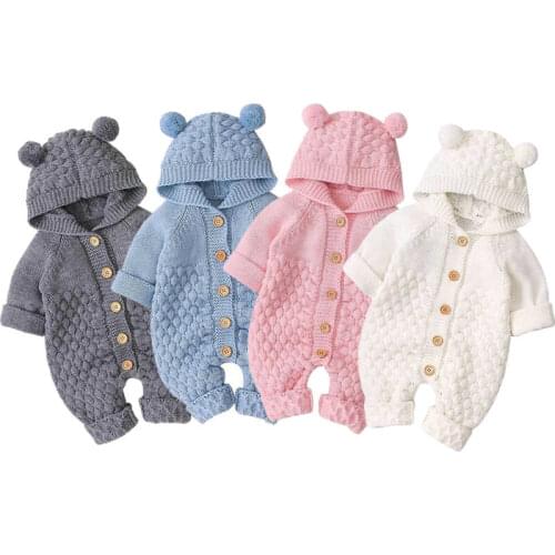 Newborn Baby Boy Girl Solid Warm Knit Single Breasted Romper Yarn ball Hooded Sweater Jumpsuit Winter Autumn Warm Clothes 0-24M