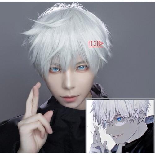 Anime Jujutsu Kaisen Gojo Satoru Short White Hair Headwear Eye Patch Cosplay Wig + Free Wig Cap Synthetic Party Props for Men