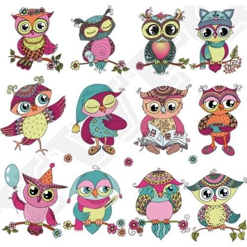 12pcs/lot Iron-on Patches Cute Cartoon Owls Patch Heat Transfer DIY Accessory Decoration A-level Washable Stickers Badges