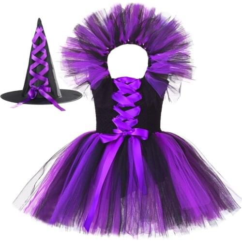 Purple Black Girls Witch Tutu Dress with Hat Halloween Witch Cosplay Costume for Girls Kids Fancy Holiday Carnival Party Dresses