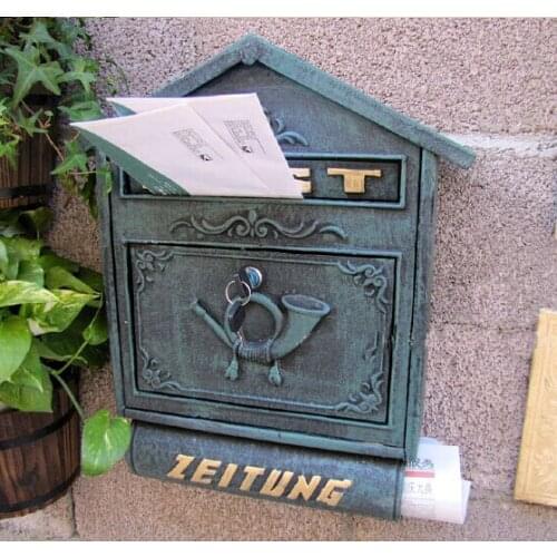 Embossed Trim Vintage Decorative Cast Iron Mailbox Postbox Mail Box Wall Mounted Wrought Iron Letters Box Metal Garden Supplies