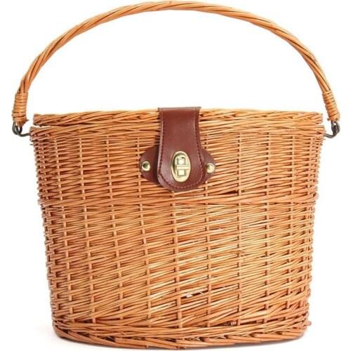 Retro Willow MTB Road Bike Bicycle Cycling Skep Cane Manmade Vintage Track Bike Natural Wicker Basket Leather Wrap Leisure Bags