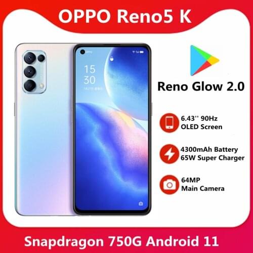 Original OPPO Reno 5K 5G Smart Phone 6.43'' 90Hz OLED Screen Snapdragon 750G 4300mAh Battery 64MP Main Camera Mobile Phone