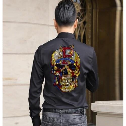 Rhinestones Skull Shirts Men Fashion Streetwear long Sleeve Slim hot sale shirts Plus Size 4XL