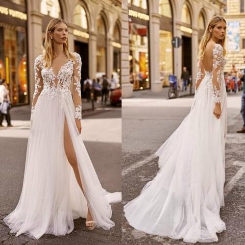 2020 Berta Wedding Dresses V Neck Appliqued Long Sleeves Lumbar Lace Bridal Gown Backless High Split Ruffle Sweep Train Robes De