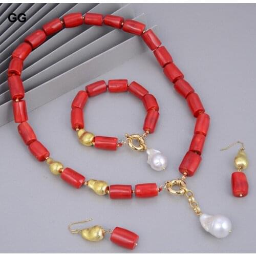 GuaiGuai Jewelry Natural White Keshi Baroque Pearl Red Coral Gold Color Plated Brushed Beads Necklace Bracelet Earrings Sets