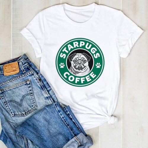 Womens T-shirt Dog Pet Pug Coffee Cartoon Ladies Clothes Harajuku Graphic T-shirt Female Top Shirt