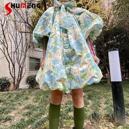 2021 Summer French Retro Printed Women Mini Pettiskirt New Fashionable Puff Sleeve High Waist Loose Pullover Above Knee Dress