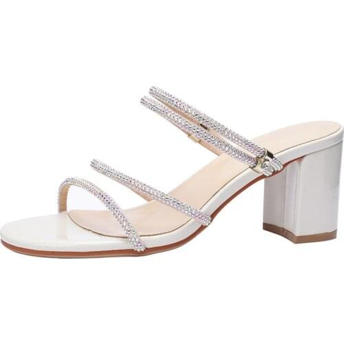 New outdoor Sandals Roman sandals Rhinestones Slip On 6.5CM Thick High Heels Round Toe Shallow sandal for women shoes size 35-40