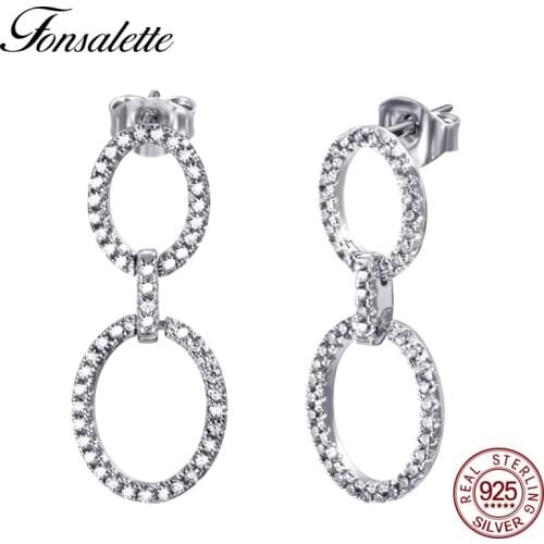 Punk 925 Silver Hollow Round Simple Chain Drop Earrings Full Cubic Zirconia Double Circle Ear Women Jewelry wholesale gift ZK30