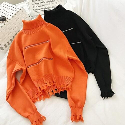 2021 New Arrival Turtleneck Women Sweaters Vintage Zipper Batwing Sleeve Female Pullovers zippers Streetwear Top