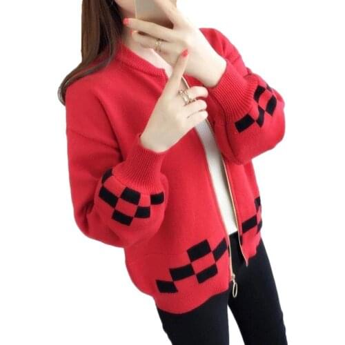 Autumn Fashion O-Neck Long Sleeve Knit Sweater Women Zipper Cardigan Top Jacket Coat Korean 6 Color Plaid Knitted Sweater Female