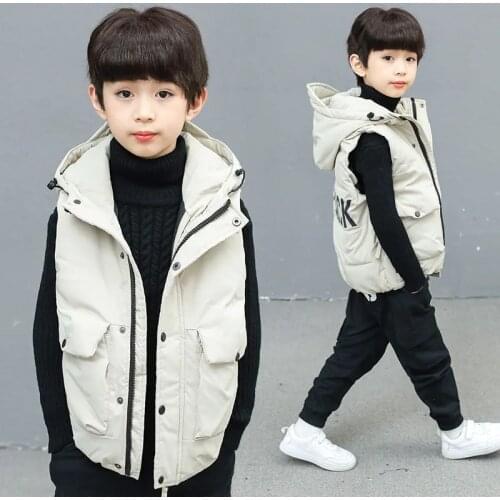 Winter Down Cotton Boys Outer Vest New Korean Version Fashion Solid Color Letter Hooded Zipper Jacket Casual Childrens Clothing
