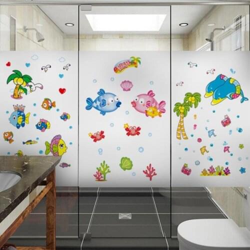 3D Matte Window Films Stained Glass Stickers Protection Privacy Cartoon Clown Fish Decoration Vinyl Clings Frosted Stickers
