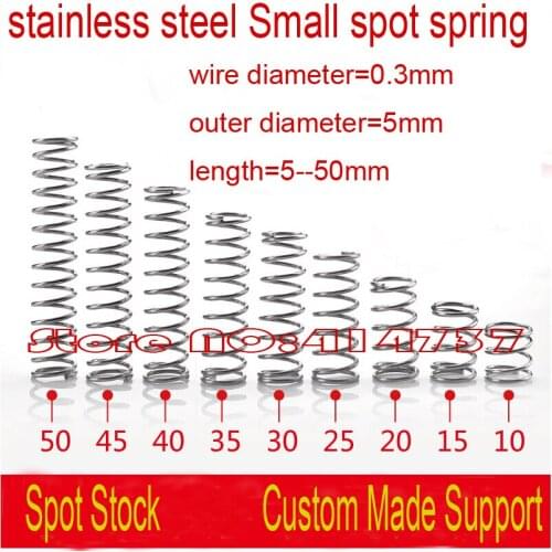 50pcs/lot 0.3*5*5-50mm stainless steel 304 Small spot spring 0.3mm wire micro spring compression spring pressure spring OD=5mm