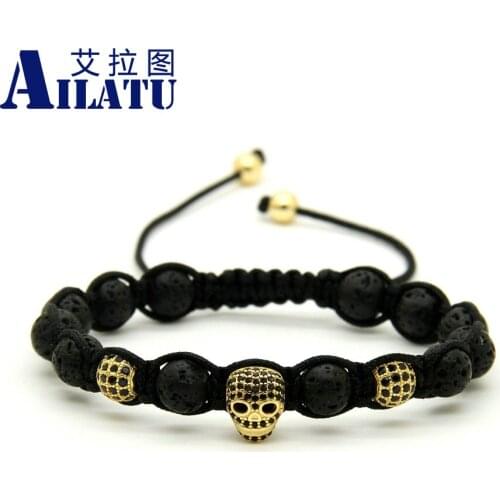 Ailatu 10pcs/lot 8mm Top Quality Lava Rock Stone Black Cz Heart Skull Braided European American Weaving Mens Bracelets