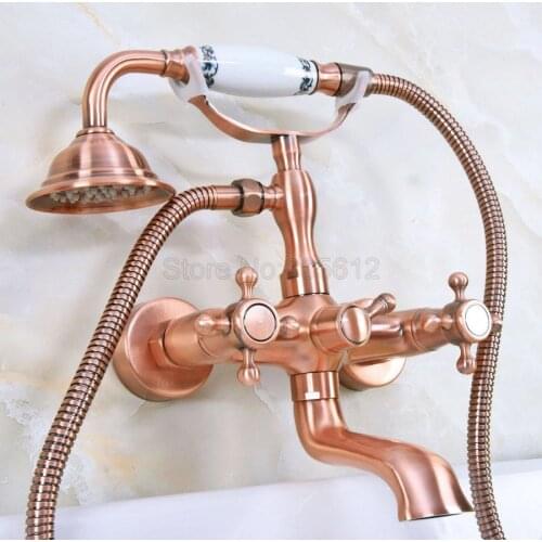 Antique Red Copper Bathtub Mixer Faucet Dual Handle Bath Shower Set with Hand Shower Swivel Tub Spout tna341