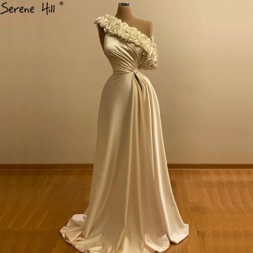 Ivory A-Line Simple One Shoulder Evening Dresses 2020 Satin Sleeveless Sexy Formal Dress Design Serene Hill DLA70631