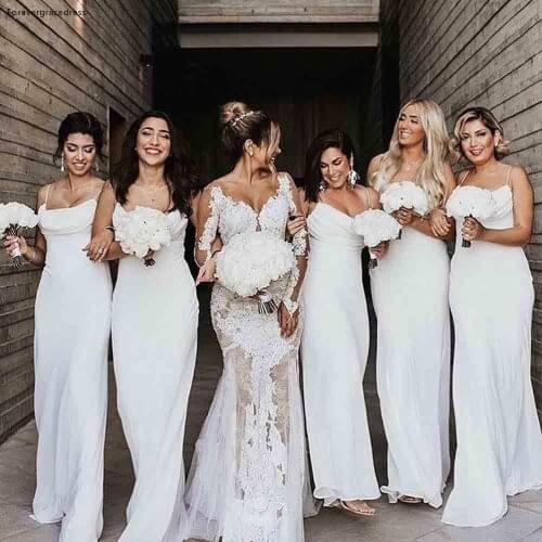 White Colour Mermaid Bridesmaid Dresses 2021 Spaghetti Straps Chiffon Maid Of Honor Gowns Wedding Guest Plus Size Custom Made