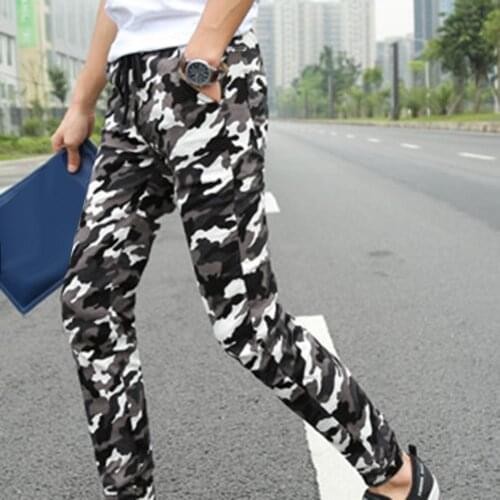 Men Sporty Camouflage Color Pockets Waist Drawstring Long Skinny Cargo Pants Male Spring Streetwear Overalls Sweatpants