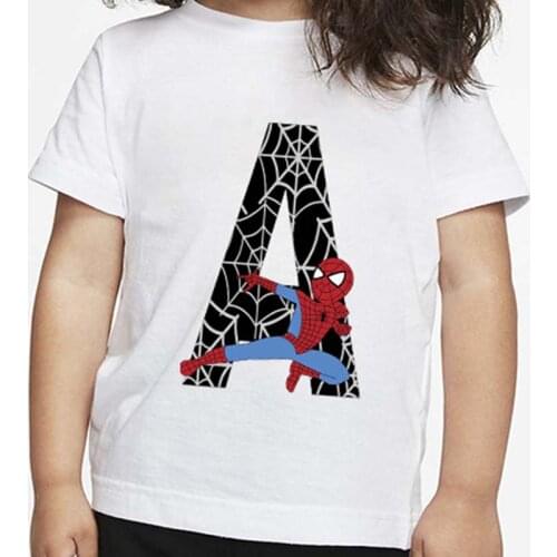 Spaideman Kids Alphabet A-V T-Shirt Marvel Avengers Boys Girls First Letter of Name T Shirt Children Birthday Gifts Costumes