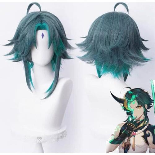 Genshin Impact Xiao Cosplay Men 40cm Green Mixed Wig Cosplay Anime Cosplay Wigs Heat Resistant Synthetic Wigs Halloween