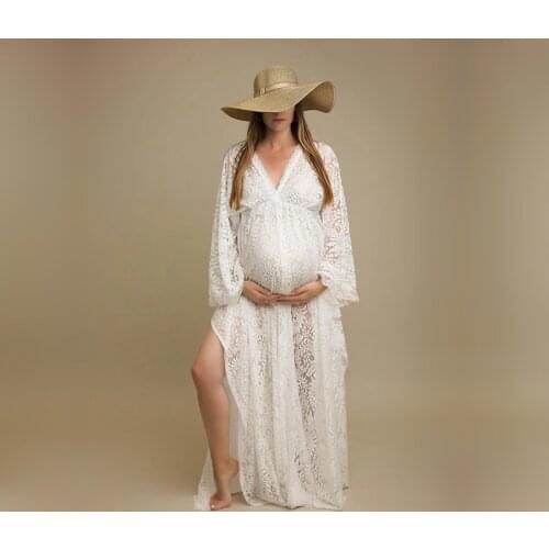 Boho Maternity Lace Dresses For Photo Shoot Pregnant Woman Photography Dress Maternity Photo Shooting Maxi Gown V-neck