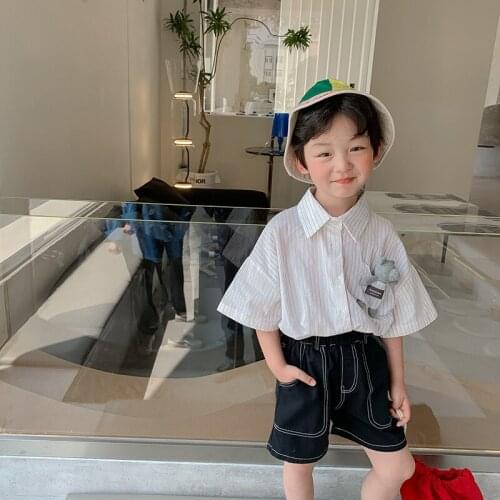Summer New Baby Boy Short Sleeve Shirt 2021 Kids Casual Loose Striped Shirt Cute Pocket Bear Cartoon Tops for Boy Child Clothes