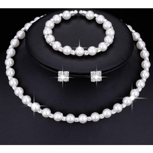 Fashion Wedding Prom Bridal Jewelry Sets for Women Gift Silver Color Crystal Necklace Earrings Bracelet Pearl Jewelry set