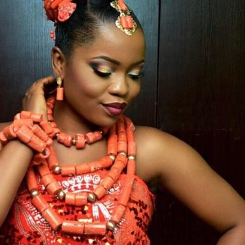 DUDO Store Ladies Jewelry Set Nature Coral Beads Made 4 Layers Necklace +3 Rows Bracelet +Earrings African Jewellery Set 2019