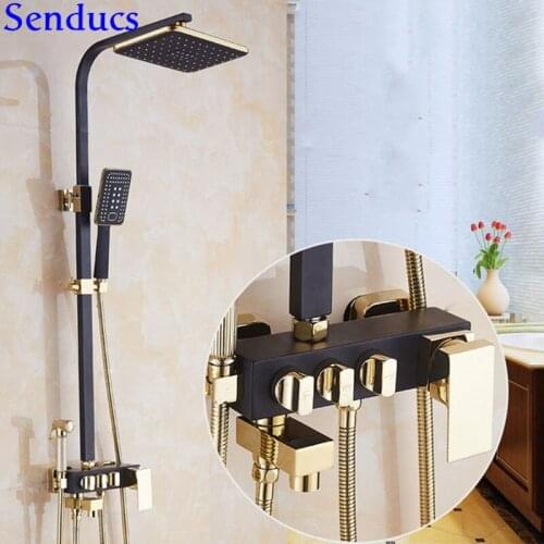 Senducs Black Gold Shower System European Style Solid Brass Bathroom Black Shower Set for Quality Intelligent Bath Shower Set