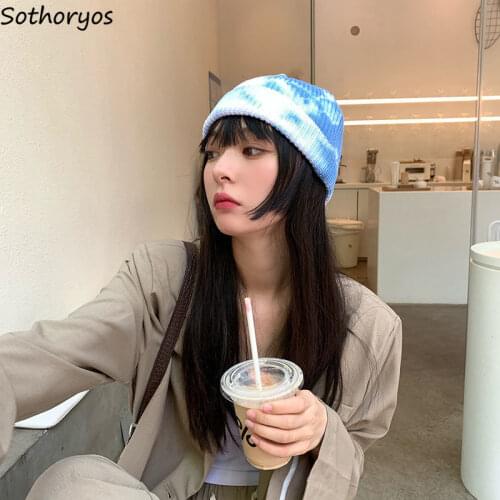 Beanies Women Winter Knitted Crochet Ulzzang Tie Dye Street Fashion Ins Bonnet Cap Melon Hats Skullcap Chic Teens Hip Hop Casual