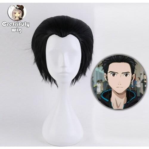 Yuri On Ice Katsuki Yuri Short Black Cosplay Wig Men Heat Resistant Synthetic Anime Hair Slicked-back Costume Wigs + Wig Cap