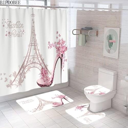 Pink High Heels Printed Bathroom Shower Curtain Eiffel Tower Toilet Lid Cover Mat Anti-skid Rugs Fabric Bath Curtains with Hooks