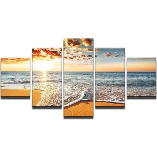 5 Panel Modern Canvas Prints Sea Sunset Painting Beach Waves Seascape Cuadros Decoracion Wall Picture for Living Room Frame