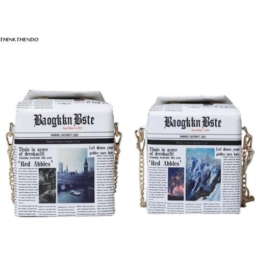 Chain Crossbody Bag for Women Fashion Novelty Newspaper Shoulder Bag Handbag Leather Messenger Handbags with Top-handle