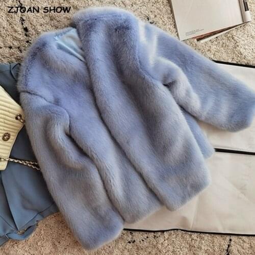 Keep warm Women Winter light blue V Neck Hairy Shaggy Faux Fox Fur Jackets Vintage Long sleeve Furry Coat Loose Outerwear