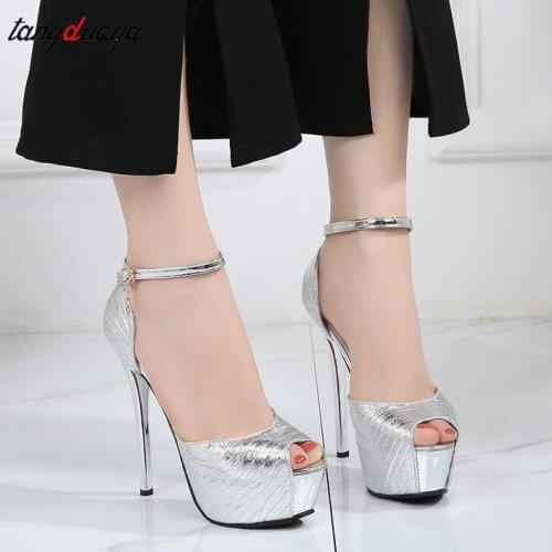 Gold sliver Super High pumps women shoes ankle strap peep Toe high heels shoes woman Platform Heels ladies shoes wedding shoes