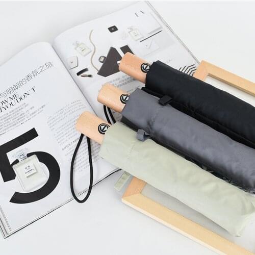 High-Grade Automatic Wooden Handle Business Umbrella Solid Color Tri-Fold Windproof Men Car Umbrella