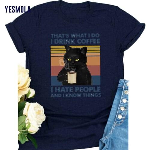 YESMOLA Thats What Tido I Drink Coffee Printing Womens T-shirt Black Cat Print Summer Fashion Short-sleeved Tees Top