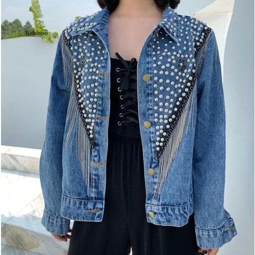 Hand-Studded Rivet Spring Denim Tassel Jacket Streetwear Women Chain Short Jeans Hip Hop Loose Black Coats Full Sleeve Lapel