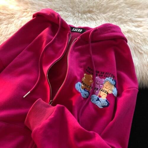 Punk Goth Cute Bears Embroidery Zip Up Hoodie Women Sweatshirt Coats Fashion Teens Clothes 2021 New Harajuku Hip Hop Streetwear