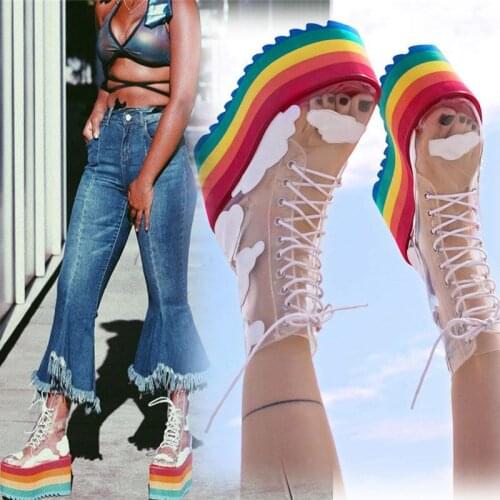 PVC Rainbow Ankle Boots Women Sexy Thick Bottom Lace-up High Heels Shoes Women Fashion Transparent Platform Cool Botines Mujer