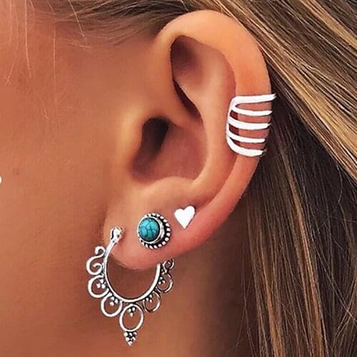 MAA-OE Vintage Silver Color Geometric Heart-shaped Flower Bead Earring For Women 2020 Fashion Earrings New Jewelry Party Gift