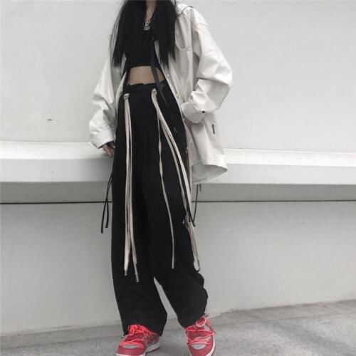 2020 Harajuku Women Joggers Pants Cotton High Street Long Drawstring Women Jogger Straight Pants Streetwear Wide Leg Trousers