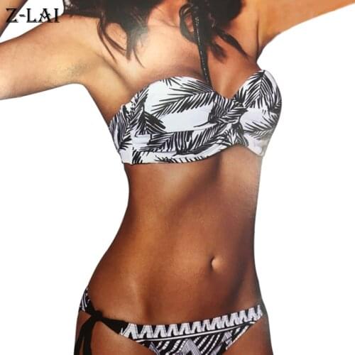 Z-LAI Sexy Print Bikini Strapless Bandeau Swimsuit Women r Underwire Push Up Padded Swimming Suit Low Waist Micro Thong Swimwea