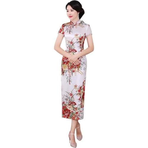 Women Chinese Short Sleeve Floral Print Brocade Cheongsam Banquet Midi Dress Traditional Chinese Clothing