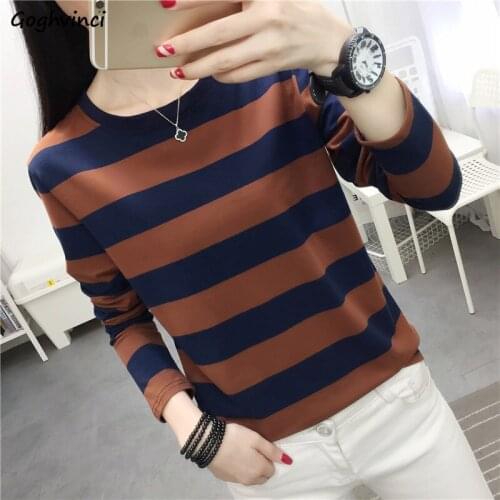 Women Long Sleeve T-shirts Striped Tshirts Retro Basic Tops Korean Style Female Loose Leisure All Match Summer Mujer O-neck Chic