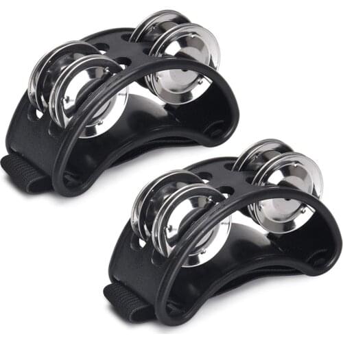 2PCS Foot Tambourine, Percussion Musical Instrument Bells with 4 Paris of Metal Jingle Bells & Adjustable Strap,Black